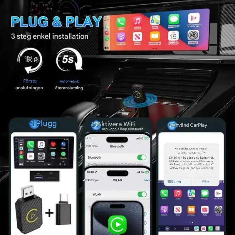 CarloBox – Trådlös CarPlay & Android Auto Adapter | Enkel Plug & Play för en Sladdfri Bilupplevelse