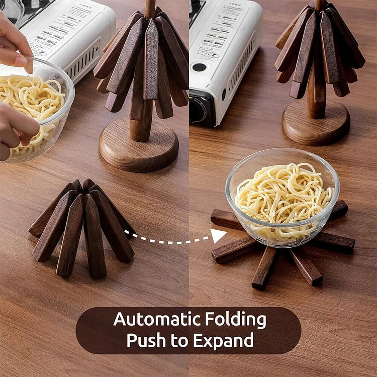 Valnötsbordstablett – Elegant och Funktionell, Träkonstruktion för Ditt Bord, Set om 3 Underlägg, Innovativt Vikbart Grytunderlägg